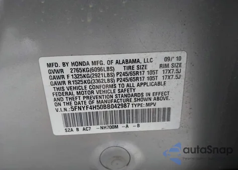 2011 Honda Pilot Ex-L из США, поврежденный, VIN 5FNYF4H50BB042987